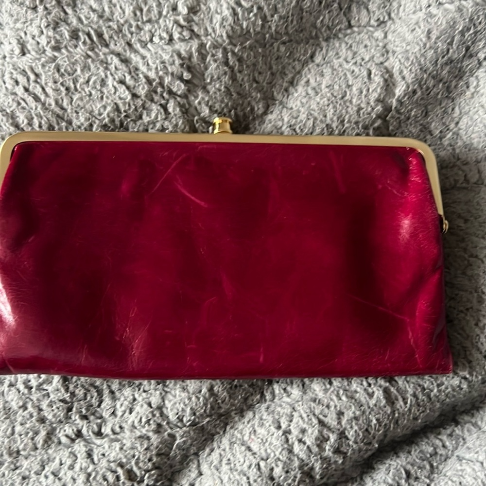 HOBO International Lauren Double Frame Leather Clutch in Fucshia/Red w/gold trim